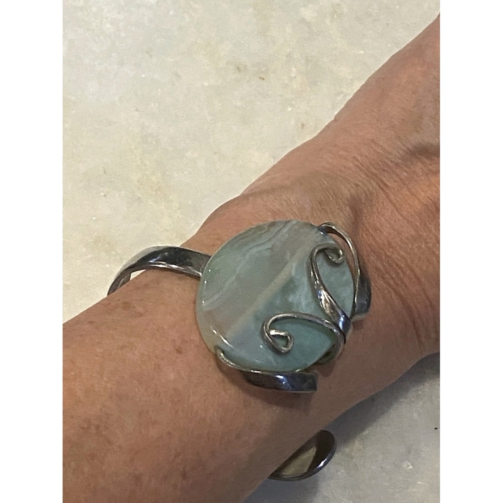 Tramontina Brazil 732 Blue Green Banded Agate Artisan Fork Cuff Bracelet